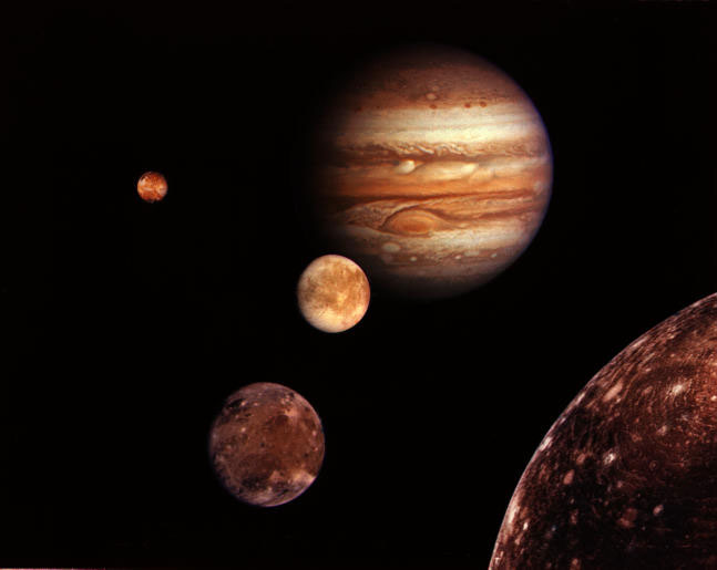 Montage of Jupiter and some of its moons.