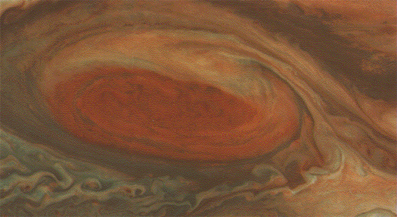 This image, taken by Voyager, showcases Jupiter's red spot.