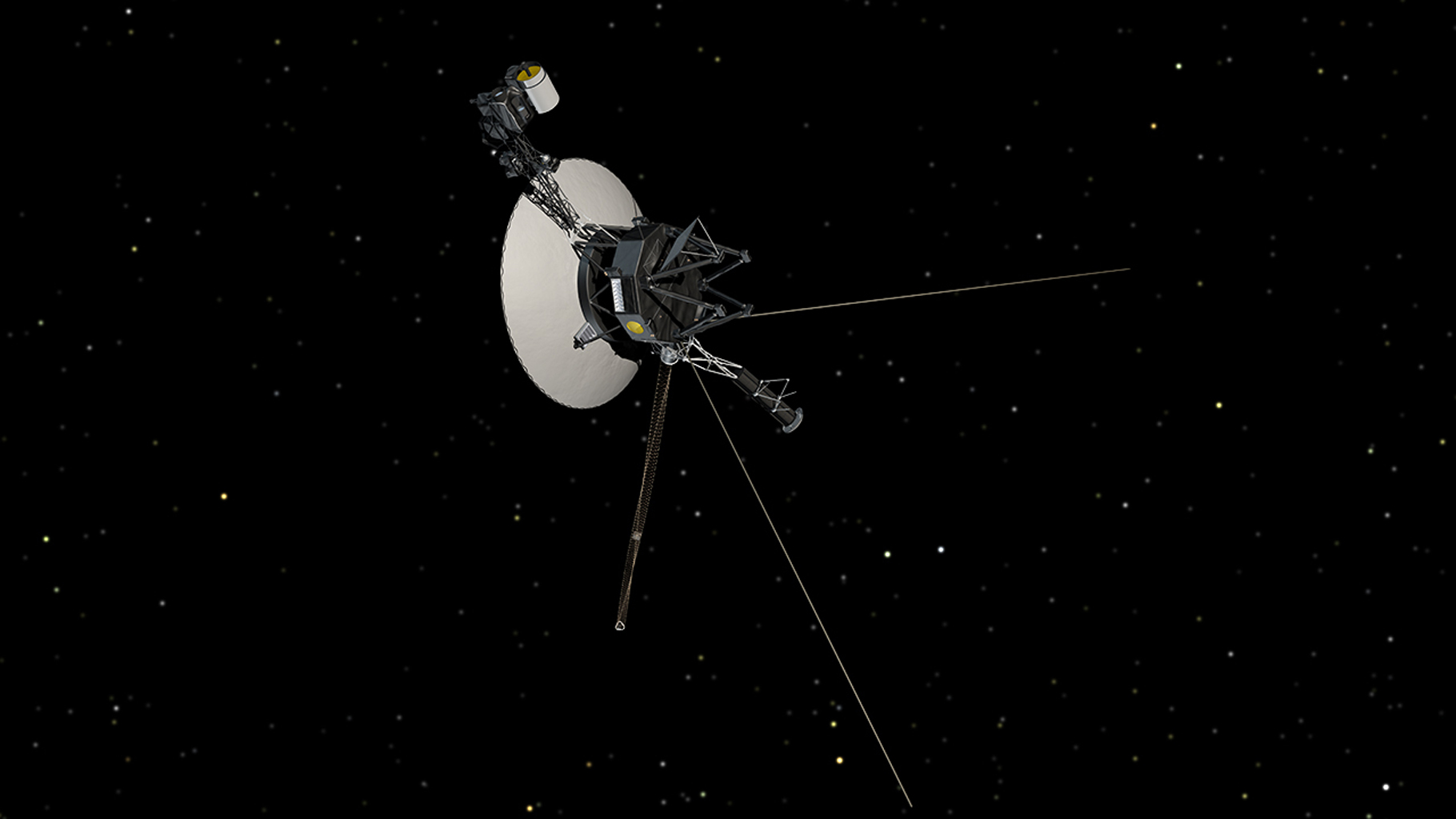 This artist’s concept shows NASA’s Voyager spacecraft against a backdrop of stars.