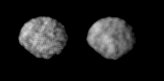 Two views of satellite 1989N2. Dark, irregularly shaped moon was discovered by Voyager 2.