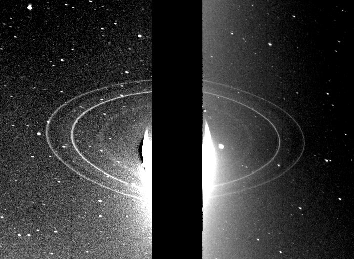 Neptune’s ring system, shown in two exposures lasting nearly 10 minutes each.