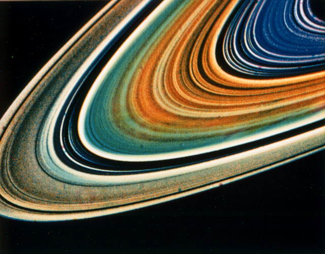 Saturn C-ring and B-ring with many ringlets. False-color image. Aug. 23, 1981.
