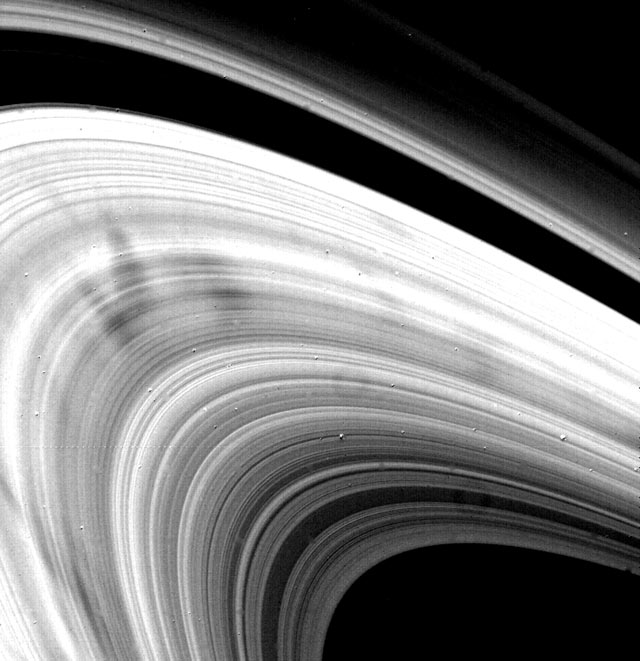 Saturn rings with "spoke" features in B-ring. Aug. 22, 1981. 2.5 million miles.
