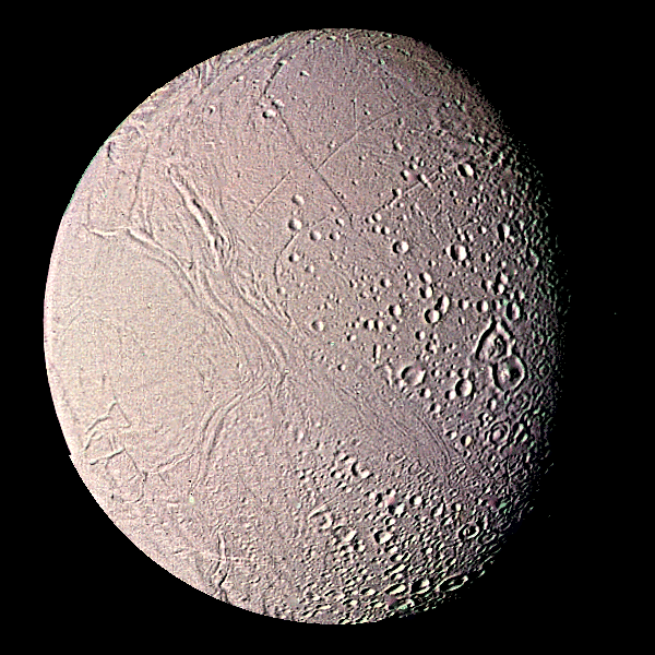 Voyager image of Saturn moon Enceladus.