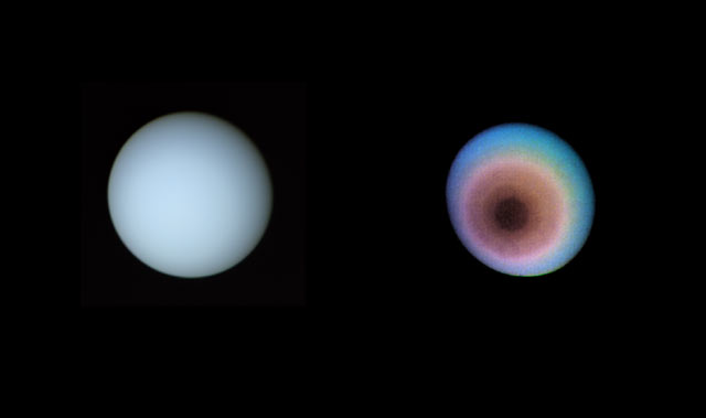 True-color (left) and false-color views of Uranus. January 17, 1986. Range 5.7 million miles.