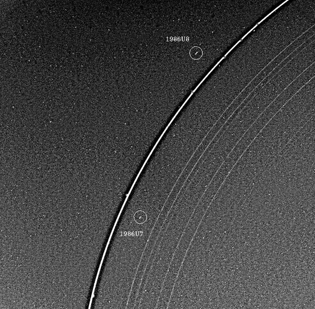 Two "shepherd" moons, 1986U7 and 1986U8, with epsilon ring. January 21, 1986. Range, 2.5 million miles.