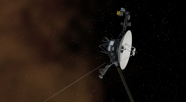 The Space Between: This artist's concept shows the Voyager 1 spacecraft entering the space between stars. Interstellar space is dominated by plasma, ionized gas (illustrated here as brownish haze), that was thrown off by giant stars millions of years ago. Image credit: NASA/JPL-Caltech